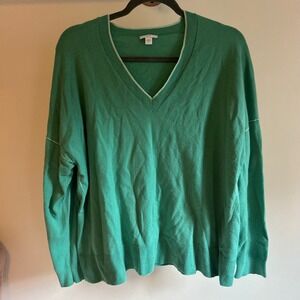 J. Jill Emerald Green V-Neck Cotton Blend Pullover Sweater Womens XL